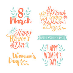 Set of pastel color logos to the International Women's Day. Signs, badges, titles for the Day on 8 March. The text for the greeting cards, posters, banners. Vector.