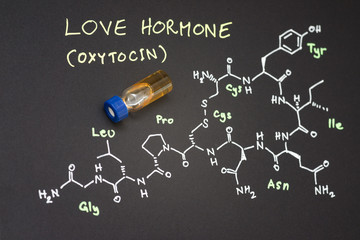 Close-up blue cap sample vial on paper with chemical formula of Oxytocin (love hormone)
