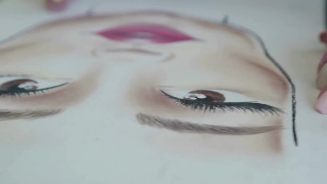 Make up artist comes up with makeup using a face chart Beauty and fashion industry: Facechart. Face chart of cosmetic brand. Inspiration. Makeup on the face map: the make-up artist paints eyelashes