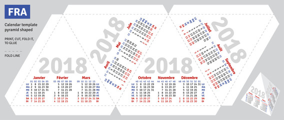 Template french calendar 2018 pyramid shaped, vector