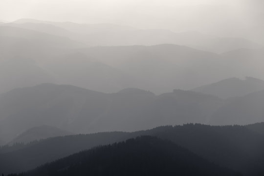 Fototapeta Mountain valley misty silhouette