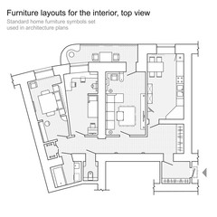 Standard home furniture symbols set used in architecture plans, home planning icon set, graphic design elements. Floor plan - top view plans. Vector isolated.
