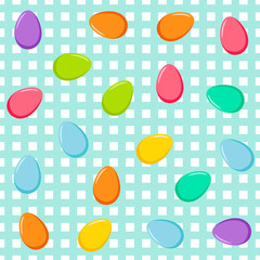 Vector seamless blue cell pattern with colorful eggs. Easter holiday background for web backdrop, printing on fabric, paper for scrapbooking, gift wrap.