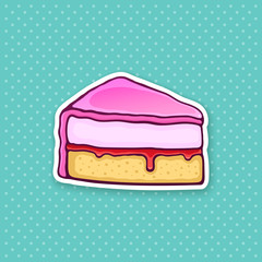 Vector illustration. A piece of cake with pink glaze cream fondant and confiture. Sticker in cartoon style with contour. For greeting cards, patches, prints for clothes, badges, posters, menus