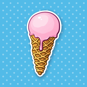 Vector illustration. Pink ice ball cream in the waffle cone. Sticker in cartoon style with contour. Decoration for greeting cards, patches, prints for clothes, badges, menus