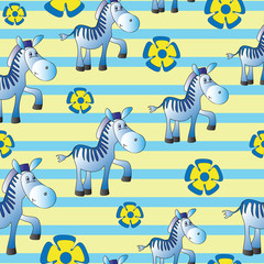 Fototapeta premium Funny Zebra. Zoo. Seamless pattern with zebras and blue flowers on a striped background. Cute Wallpapers for babies and children. Background yellow-blue. Design for textiles.