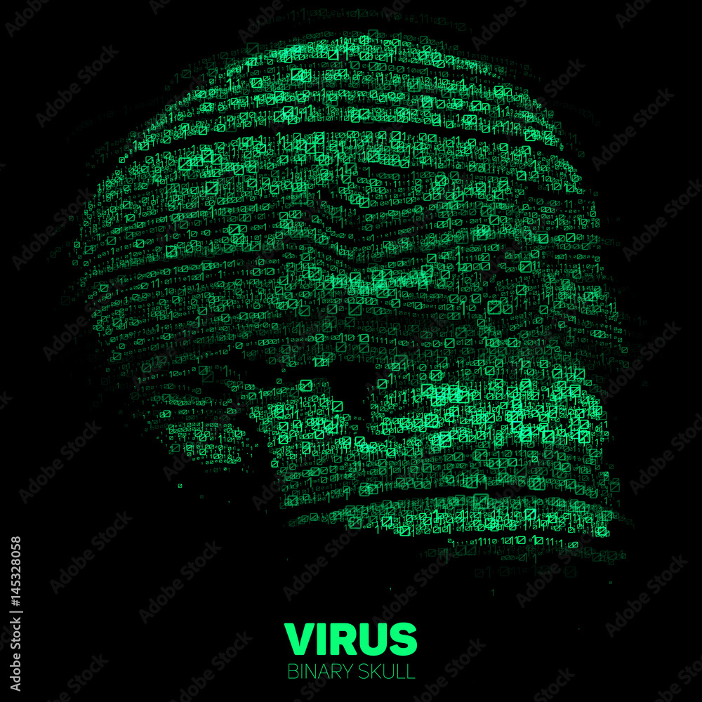 Wall mural Vector skull constructed with green binary code. Internet security concept illustration. Virus or malware abstract visualization. Hacking big data image