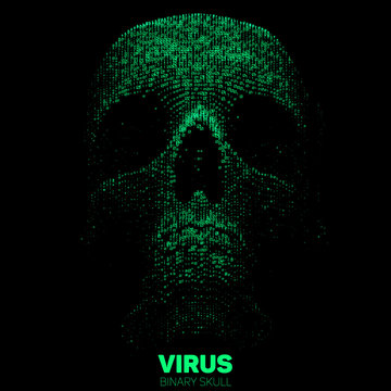 Vector skull constructed with green binary code. Internet security concept illustration. Virus or malware abstract visualization. Hacking big data image