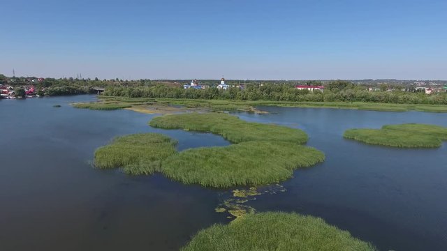 Aerial view on church in Syzran city, placed on Volga river, Russia, 4k
