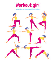 Body workout set. Woman doing fitness and yoga exercises. Pack o