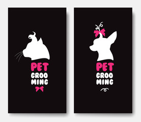 Business card template with silhouettes of cat and a dog on blac