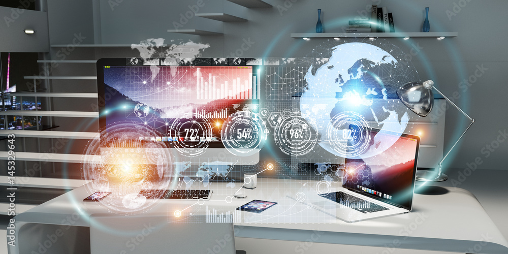 Poster Workplace with modern devices and hologram screens 3D rendering