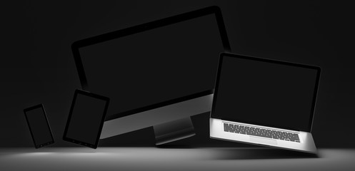 Dark modern computer laptop mobile phone and tablet 3D rendering