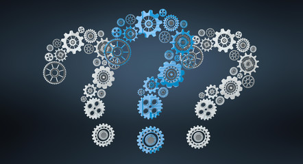 3D rendering gear icons question mark flying