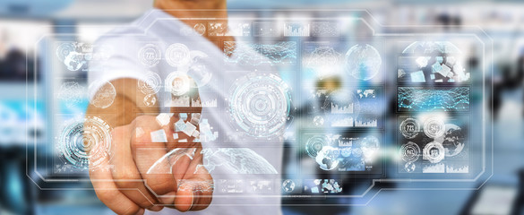 Businessman using digital screens with holograms datas 3D rendering