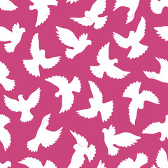 White doves seamless pattern on a violet background.