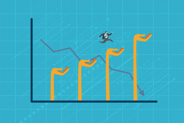 Obraz premium Business and investment concept. A businessman jump across the downward graph with many hands raise up to support and for protection.