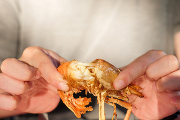 Tear peeling shell of shrimp for eat