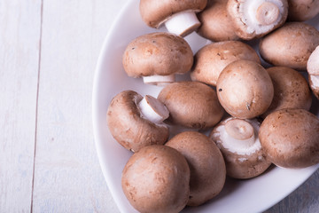 Frische ganze Champignons in einer Porzellanschale