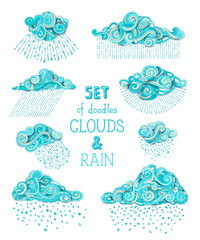 Vector set of doodles clouds and rain.