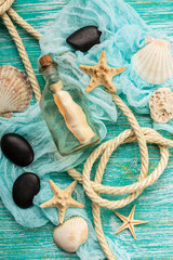 Seashells on turquoise background