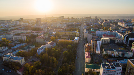 Ufa city at sunset in center. Aerial view