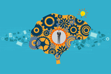 General Business and Management concept. A Businessman standing in mechanical gears inside a brain with electronic gadgets and high technology devices floating as background.