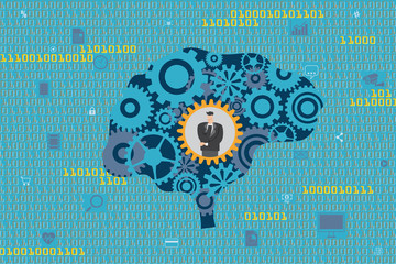 General Business and Management concept. A Businessman in mechanical gears inside a brain with digital data and technology icons floating as background.