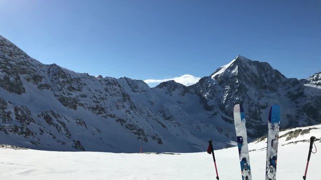  Ski against winter mountain range, Sulden, Solda Italy.