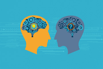 General Business and Management concept. Two heads talking to each others. One has question mark inside the brain while another has light bulb inside the brain.