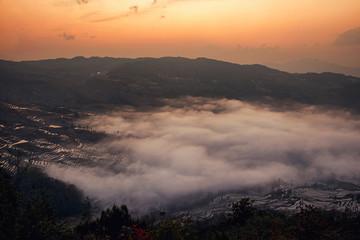 Sunrise at Yuanyang rice terrace from yuanyang village, Yunnan province, China