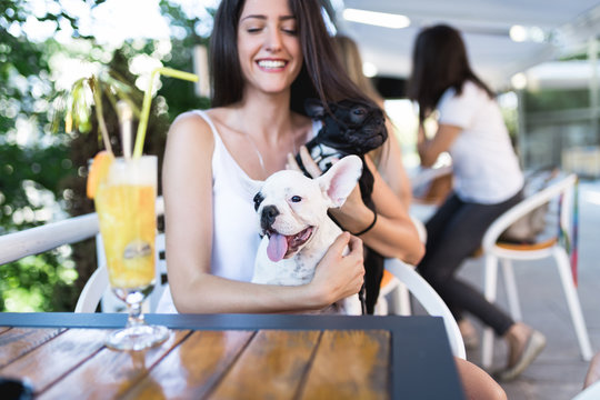 Beautiful young woman enjoying in a cafeteria keeping adorable French bulldog puppy in her lap.