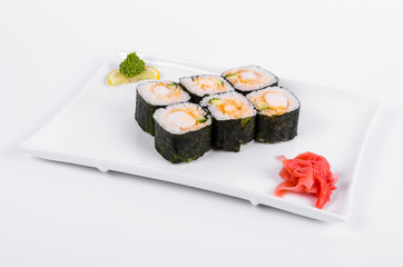 Asia. Rolls with shrimp on a white plate on a white background