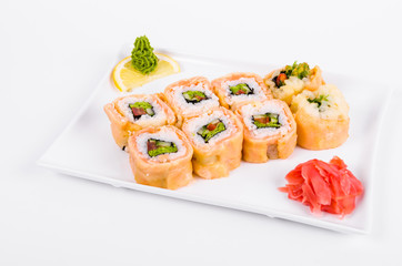 Asia. Rolls on a white plate on a white background