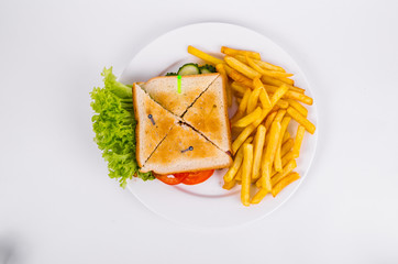 Toasted bread. Sandwich with ham and French fries. Fast food