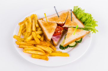 Toasted bread. Sandwich with ham and French fries. Fast food