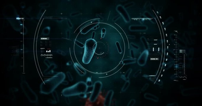 Digital generated virus cell and bacteria cells against black background