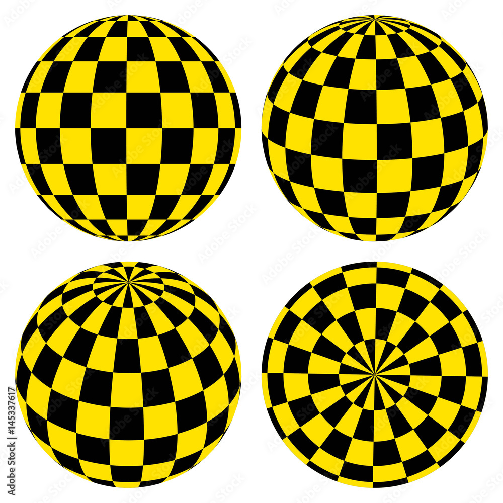 Poster set 3d spheres with a pattern of yellow and black squares taxi