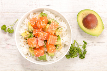 bowl with rice,avocado and salmon