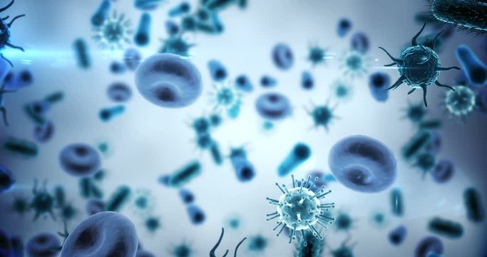 Digitally generated virus cells, red blood cells and bacteria against blue background