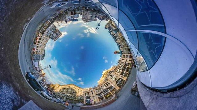 Hole Planet 360 Degree Kiev Sights Bessarabska Square Marvelous Springtime Cityscape in Warm Sunny Day Soft Sunset Light the Historical Old City Traffic