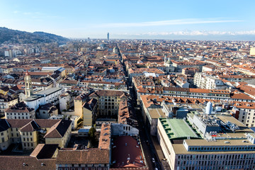 Aerial view of Torino, Italy from the top of the Mole Antonelliana towards the new skyscraper for the regional council of Piemonte (by Massimiliano Fuksas).