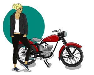 Fototapeta na wymiar A blonde girl dressed in a black leather jacket, jeans and sneakers stands next to a red motorcycle eps 10 illustration