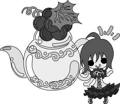 A cute illustration of a little girl and the teapot of the grapes