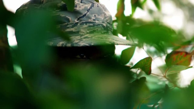 Military man standing behind the leaves