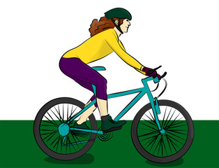 Naklejka premium A girl with long hair dressed in a yellow sweater and purple breeches riding a blue bike. Cyclist eps 10 illustration