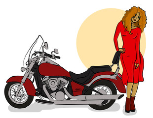 Fototapeta na wymiar A girl with long red hair dressed in a red dress is standing next to a burgundy motorcycle eps 10 illustration