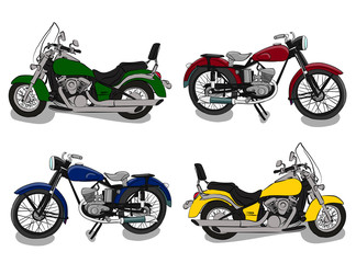 A set of motorcycles. Four different motorcycles of red, green, blue and yellow are standing on a white background eps 10 illustration