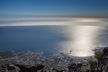View from Table Mountain with a line of mist over the sea