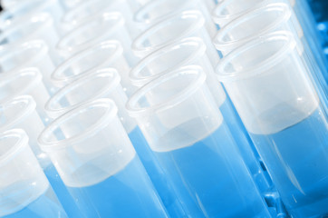 Plastic laboratory chemical test tubes with blue solution